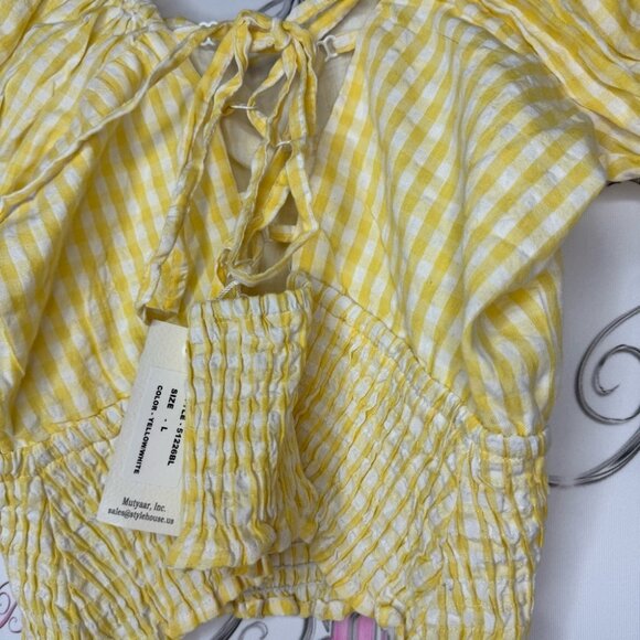 Sim & Sam top milkmaid gingham picnic yellow white tie up corset back stretchy - Picture 6 of 9